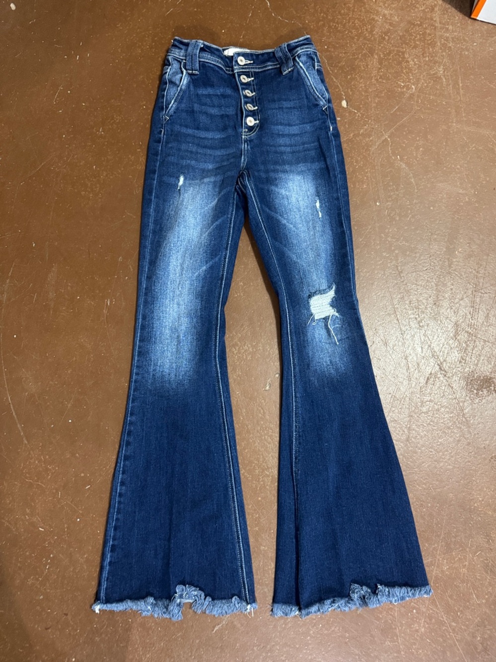 KanCan High-Rise Dark Blue Distressed Flare Jeans with Frayed Hem